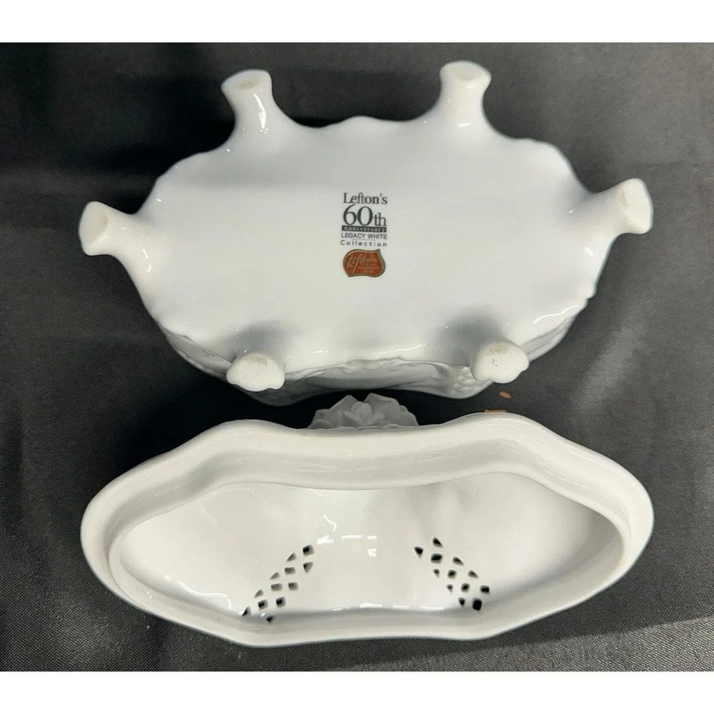 Lefton 60th Anniversary Legacy White Porcelain Rose Lattice Footed Trinket Box